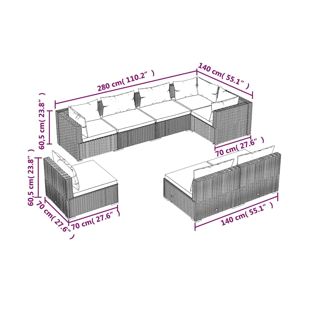 8 Piece Garden Lounge Set with Cushions Poly Rattan Grey
