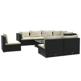 9 Piece Garden Lounge Set with Cushions Poly Rattan Black - Front View