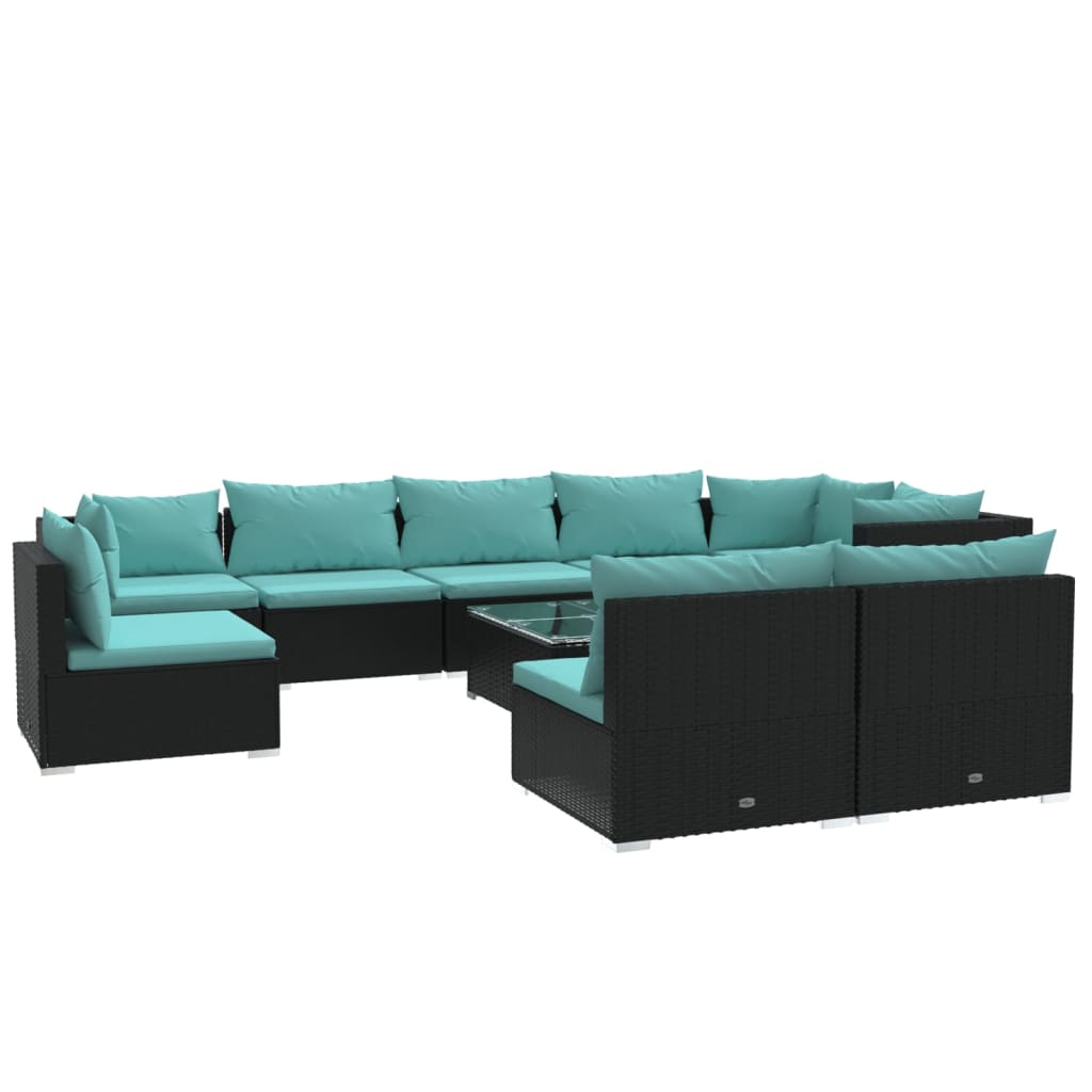 10 Piece Garden Lounge Set with Cushions Poly Rattan Black