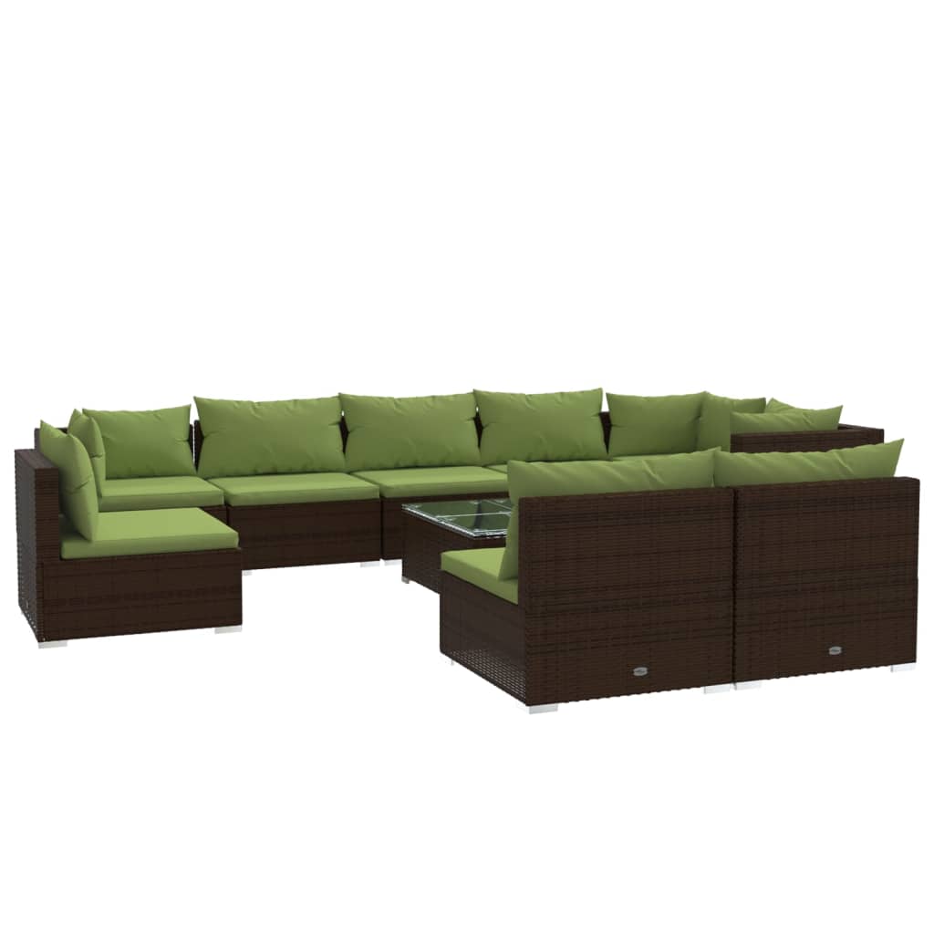 10 Piece Garden Lounge Set with Cushions Poly Rattan Brown