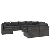 10 Piece Garden Lounge Set with Cushions Poly Rattan Grey - Front View