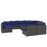 10 Piece Garden Lounge Set with Cushions Poly Rattan Grey - Front View