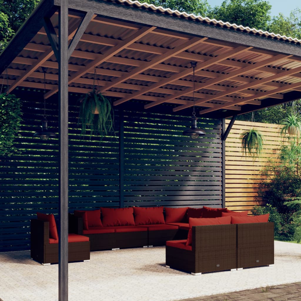 9 Piece Garden Lounge Set with Cushions Poly Rattan Brown