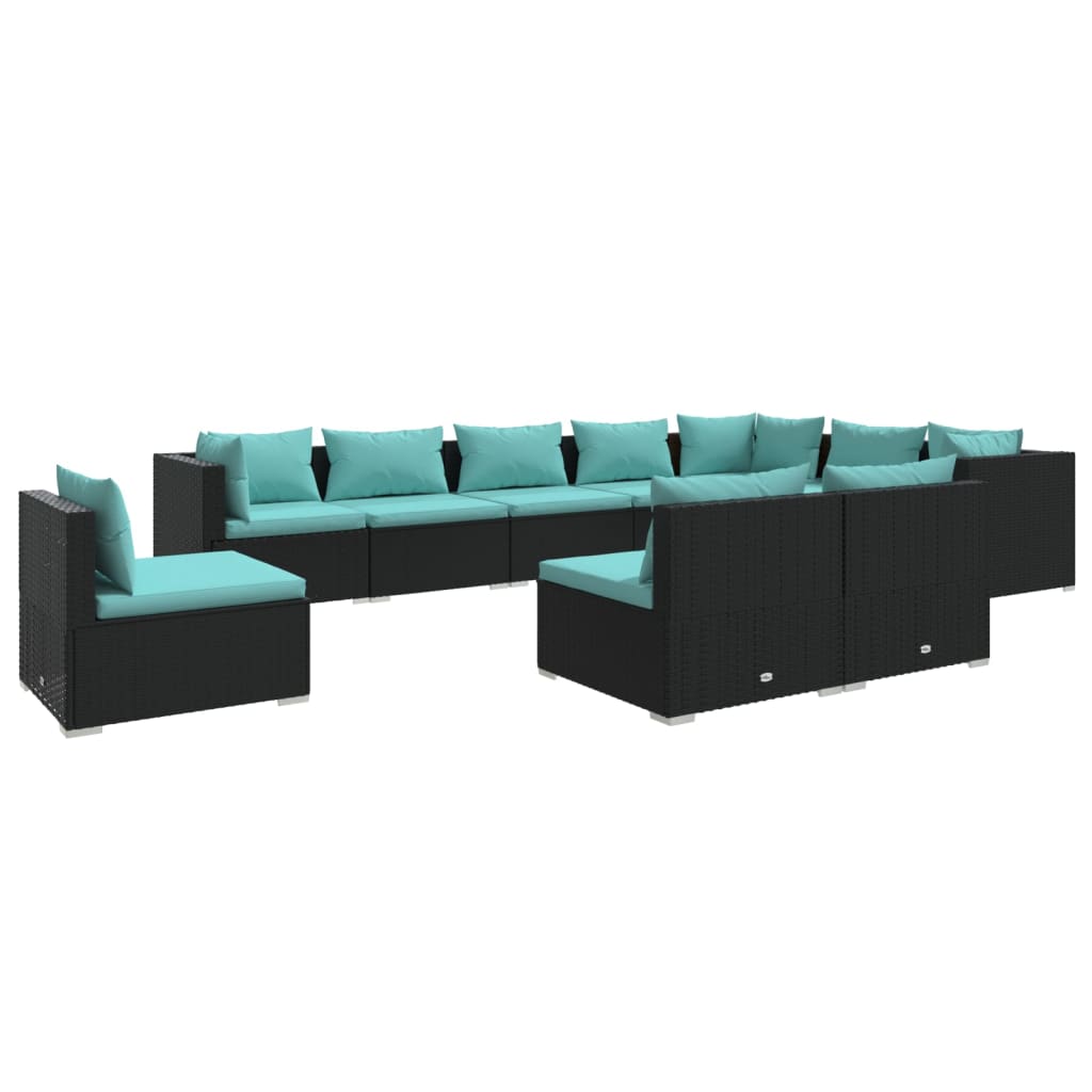 10 Piece Garden Lounge Set with Cushions Poly Rattan Black