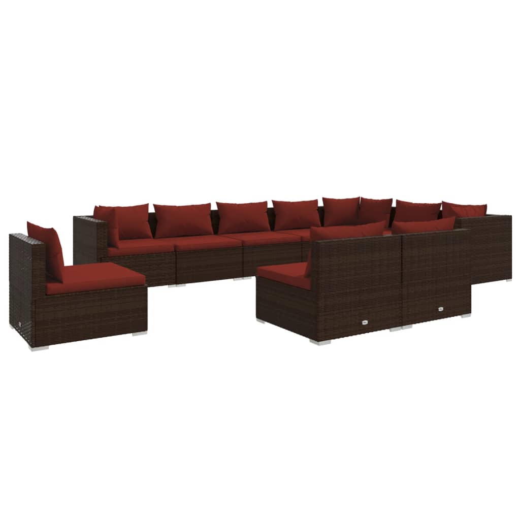 10 Piece Garden Lounge Set with Cushions Poly Rattan Brown