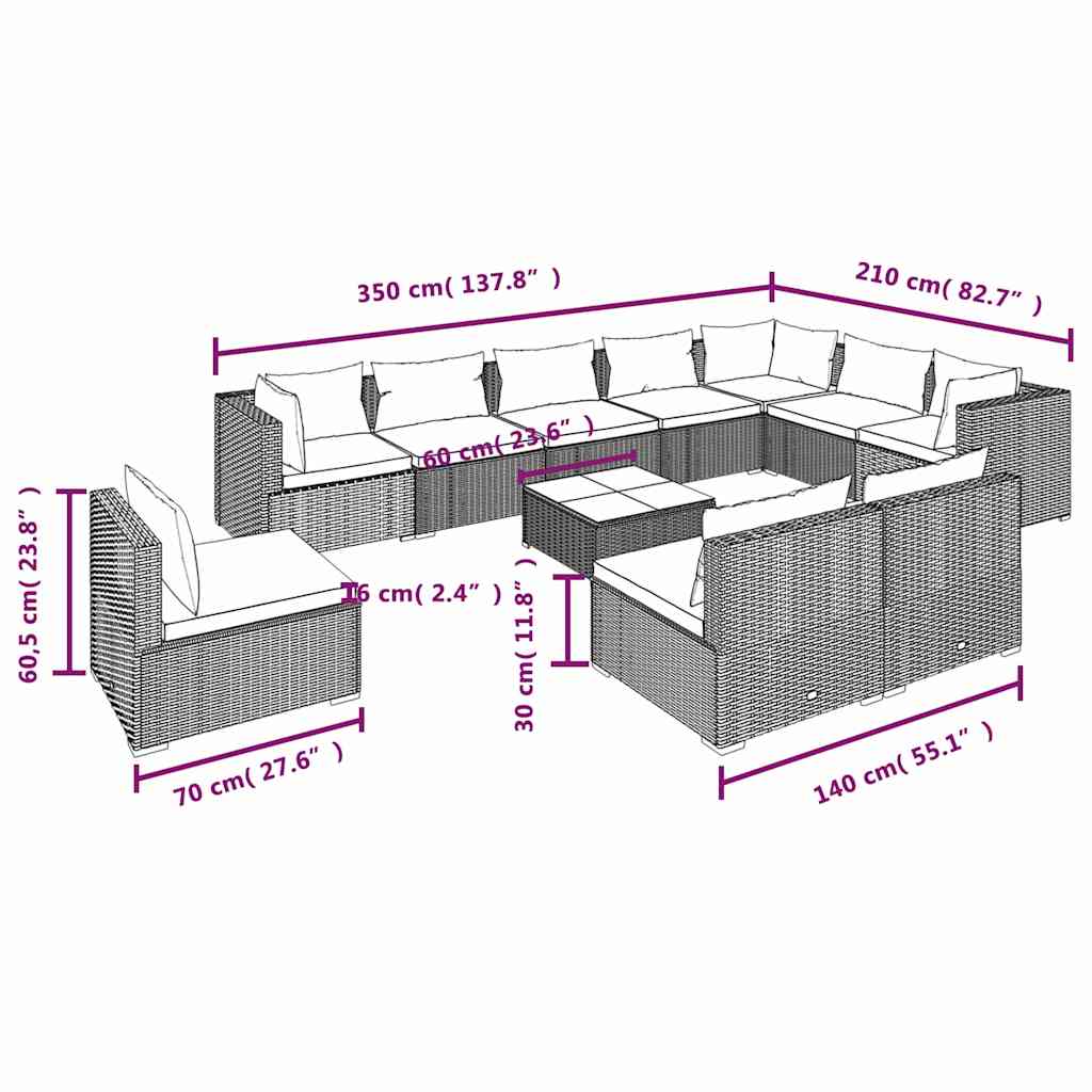 11 Piece Garden Lounge Set with Cushions Poly Rattan Grey