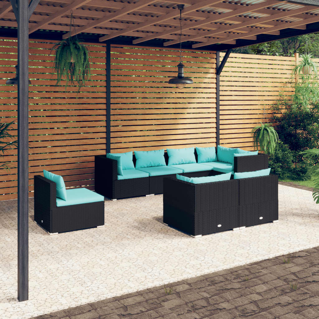 8 Piece Garden Lounge Set with Cushions Poly Rattan Black