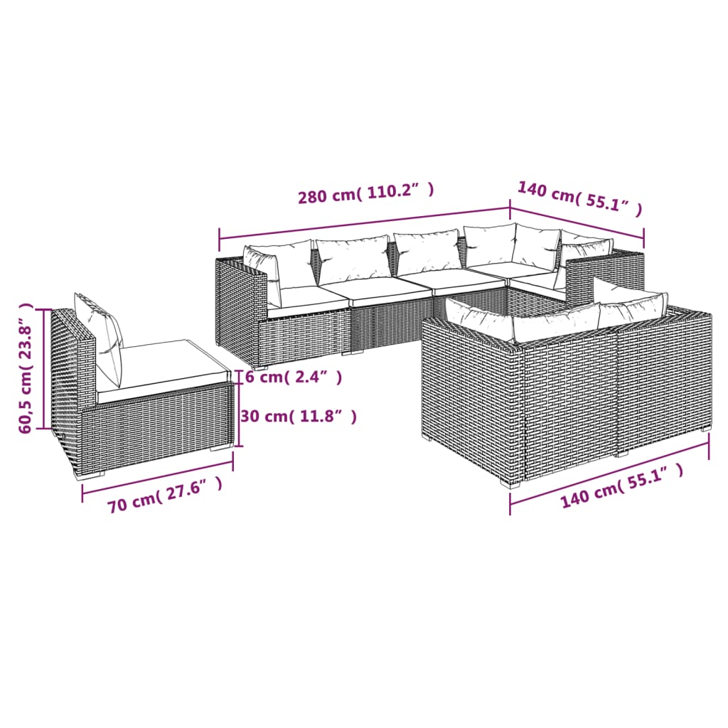 8 Piece Garden Lounge Set with Cushions Poly Rattan Brown