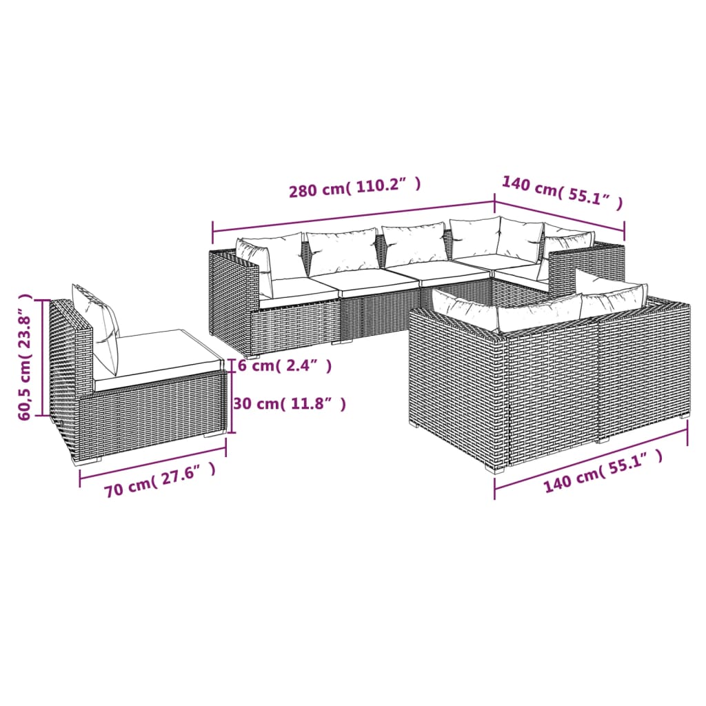 8 Piece Garden Lounge Set with Cushions Poly Rattan Brown