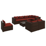 9 Piece Garden Lounge Set with Cushions Poly Rattan Brown - Front View