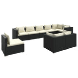9 Piece Garden Lounge Set with Cushions Poly Rattan Black - Front View