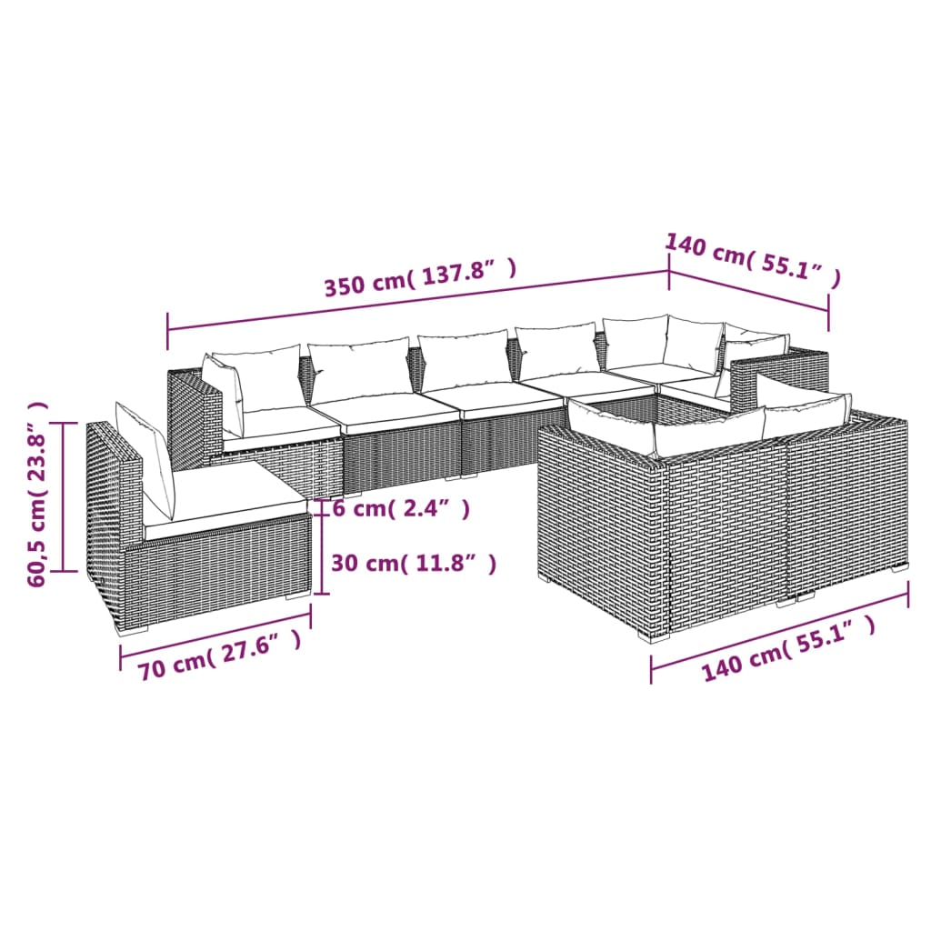 9 Piece Garden Lounge Set with Cushions Poly Rattan Brown