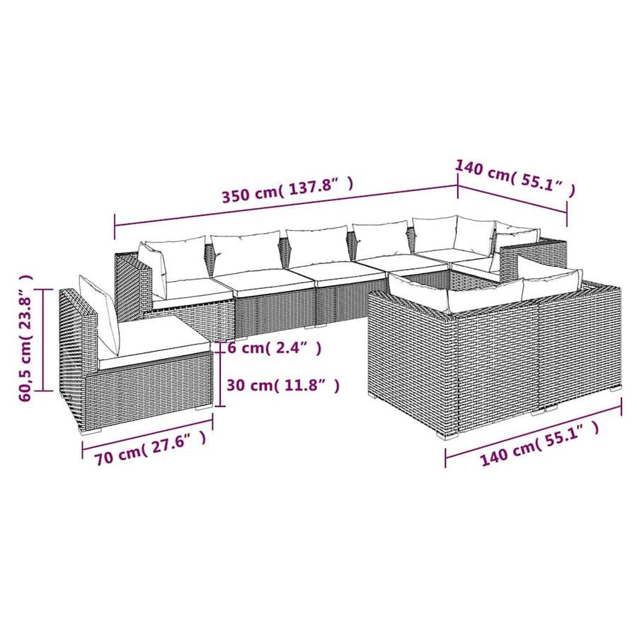 9 Piece Garden Lounge Set with Cushions Poly Rattan Brown