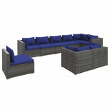 9 Piece Garden Lounge Set with Cushions Poly Rattan Grey - Front View