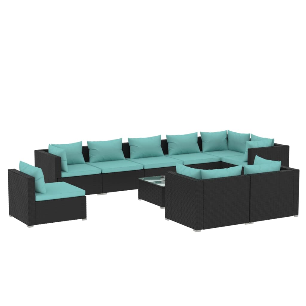 10 Piece Garden Lounge Set with Cushions Poly Rattan Black