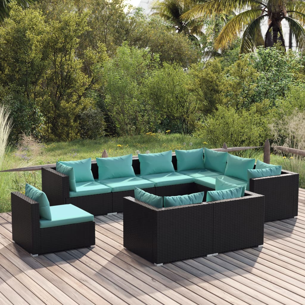 9 Piece Garden Lounge Set with Cushions Poly Rattan Black