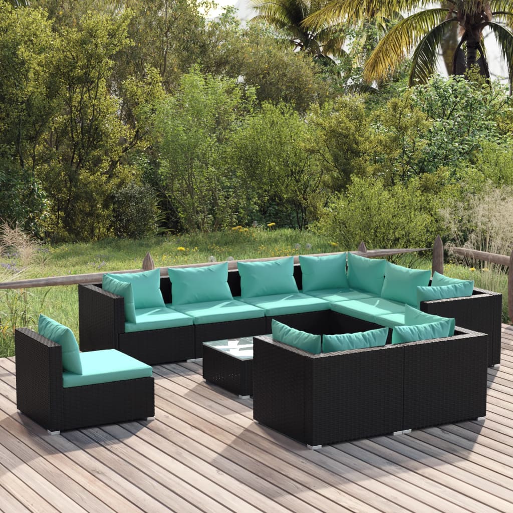 10 Piece Garden Lounge Set with Cushions Poly Rattan Black