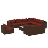 10 Piece Garden Lounge Set with Cushions Poly Rattan Brown - Front View