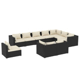 10 Piece Garden Lounge Set with Cushions Poly Rattan Black - Front View