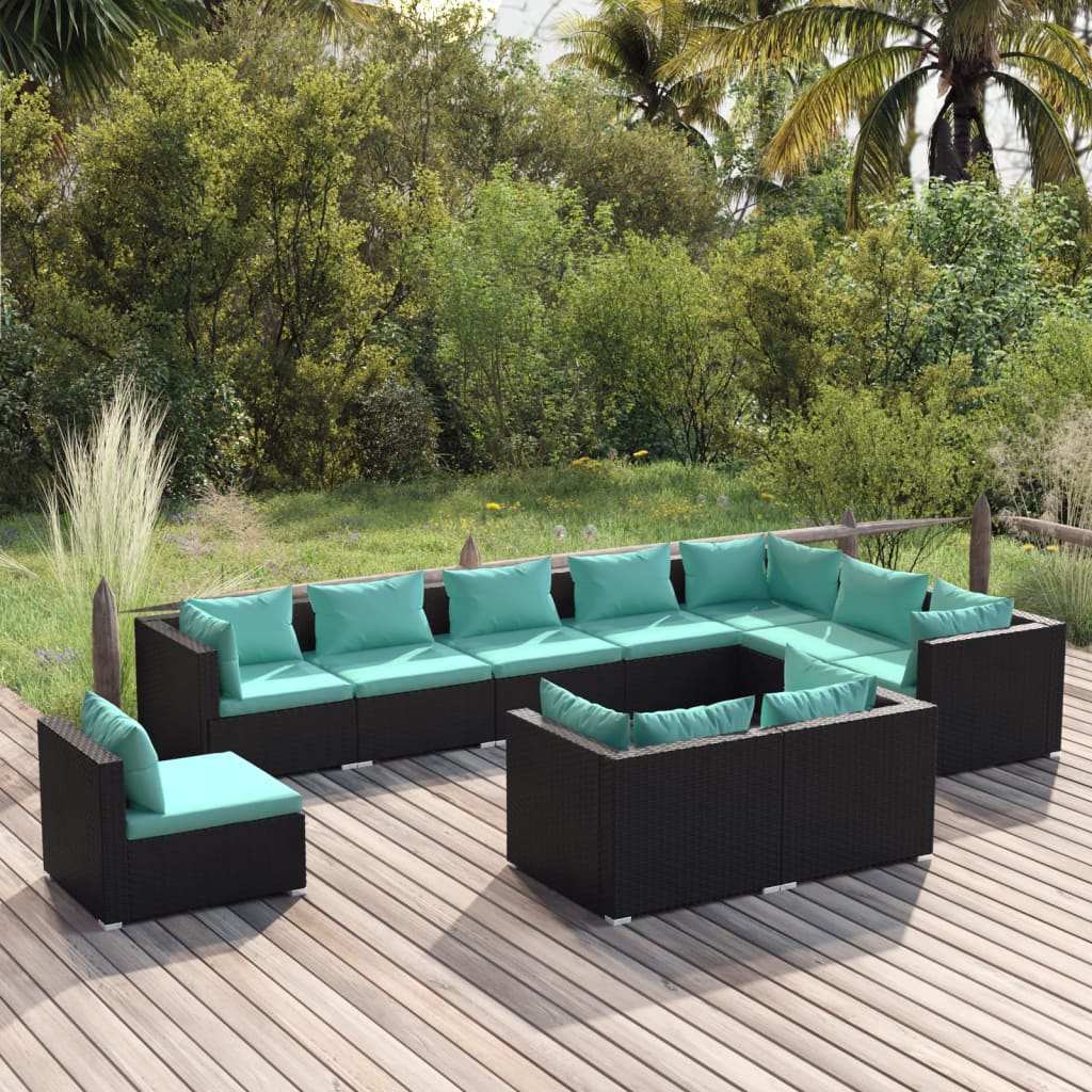 10 Piece Garden Lounge Set with Cushions Poly Rattan Black