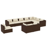 10 Piece Garden Lounge Set with Cushions Poly Rattan Brown - Front View