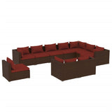 10 Piece Garden Lounge Set with Cushions Poly Rattan Brown - Front View