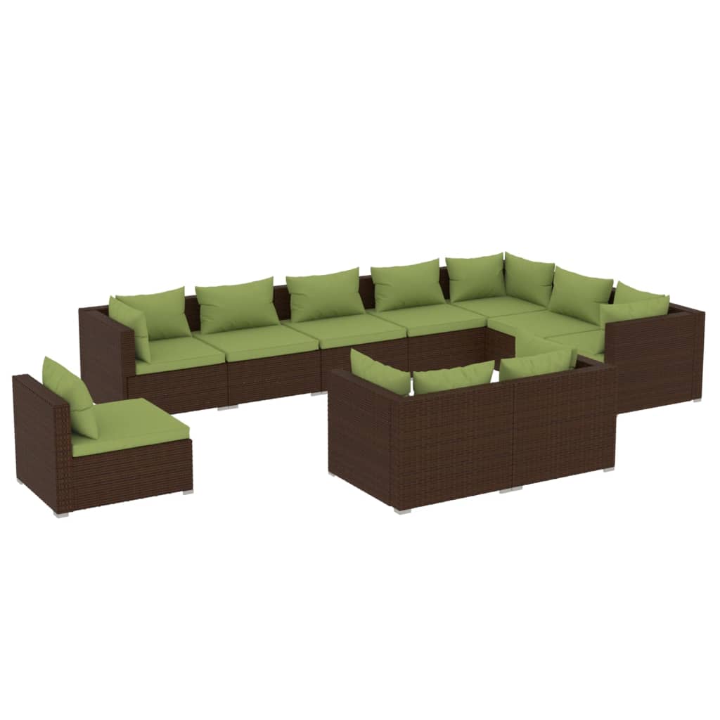 10 Piece Garden Lounge Set with Cushions Poly Rattan Brown