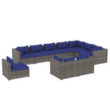 10 Piece Garden Lounge Set with Cushions Poly Rattan Grey - Front View