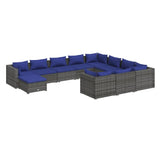 11 Piece Garden Lounge Set with Cushions Poly Rattan Grey - Front View