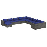 11 Piece Garden Lounge Set with Cushions Poly Rattan Grey - Front View