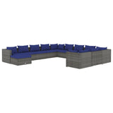 12 Piece Garden Lounge Set with Cushions Poly Rattan Grey - Front View