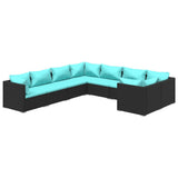 8 Piece Garden Lounge Set with Cushions Poly Rattan Black - Front View