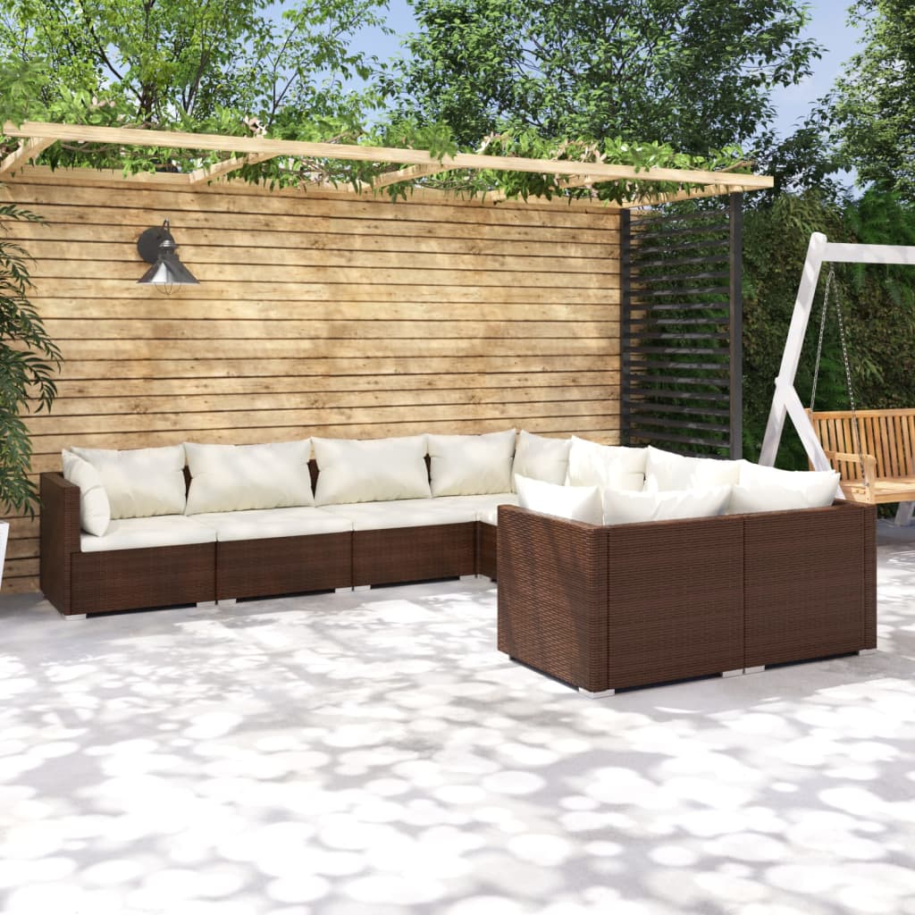 8 Piece Garden Lounge Set with Cushions Poly Rattan Brown