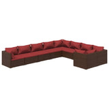 9 Piece Garden Lounge Set with Cushions Poly Rattan Brown - Front View