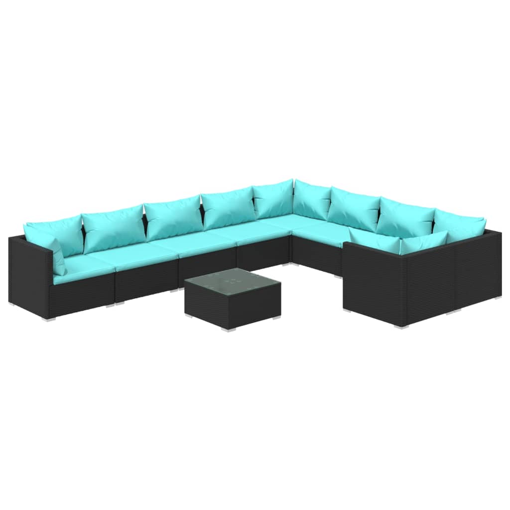 10 Piece Garden Lounge Set with Cushions Poly Rattan Black