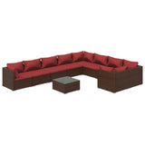 10 Piece Garden Lounge Set with Cushions Poly Rattan Brown - Front View
