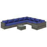 10 Piece Garden Lounge Set with Cushions Poly Rattan Grey - Front View
