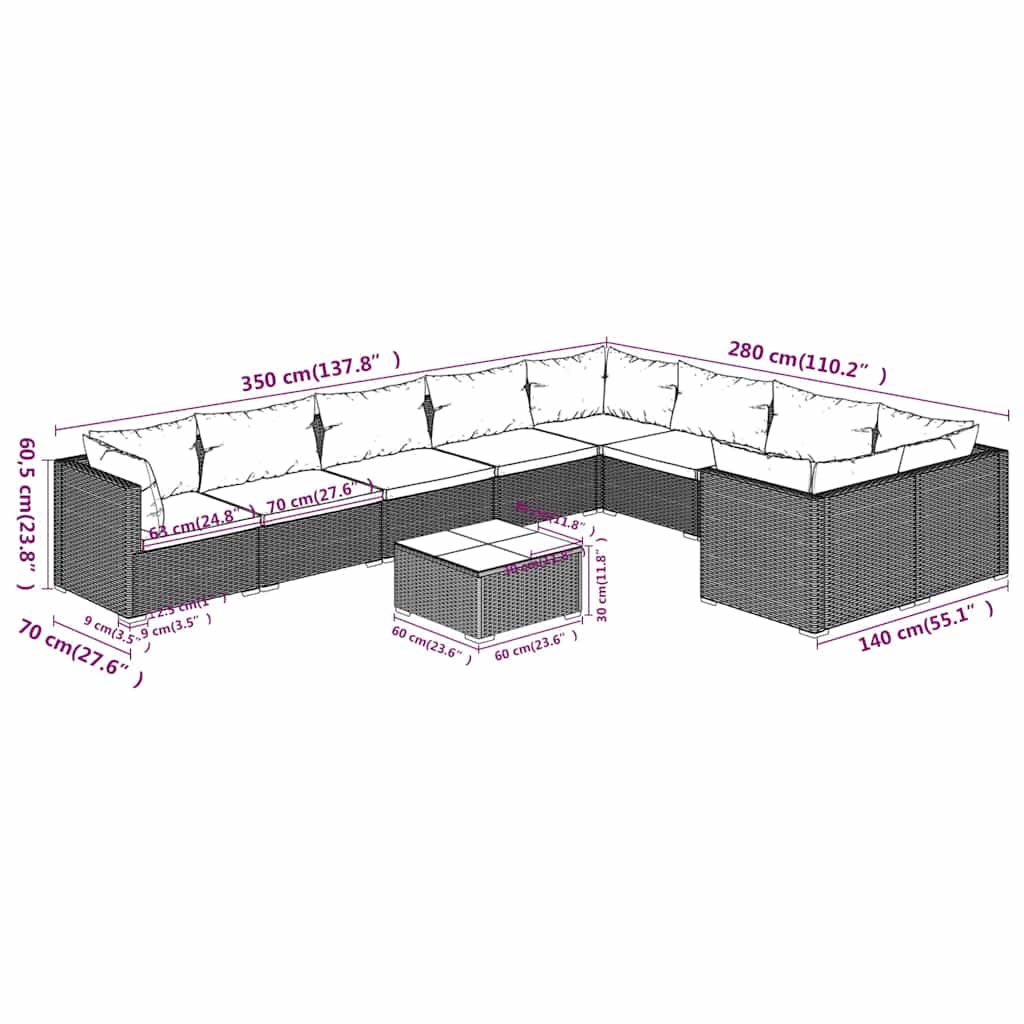 10 Piece Garden Lounge Set with Cushions Poly Rattan Grey