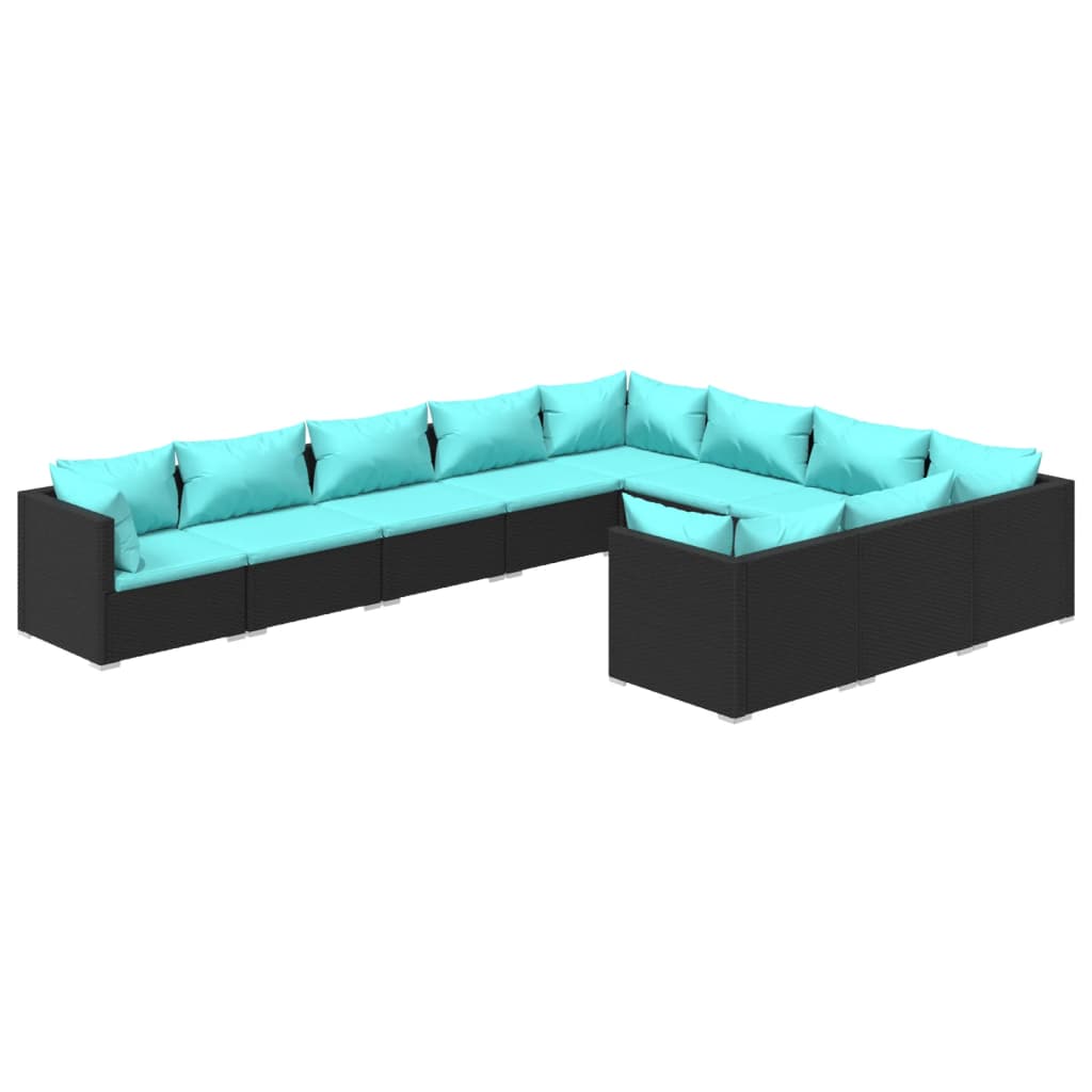 10 Piece Garden Lounge Set with Cushions Poly Rattan Black