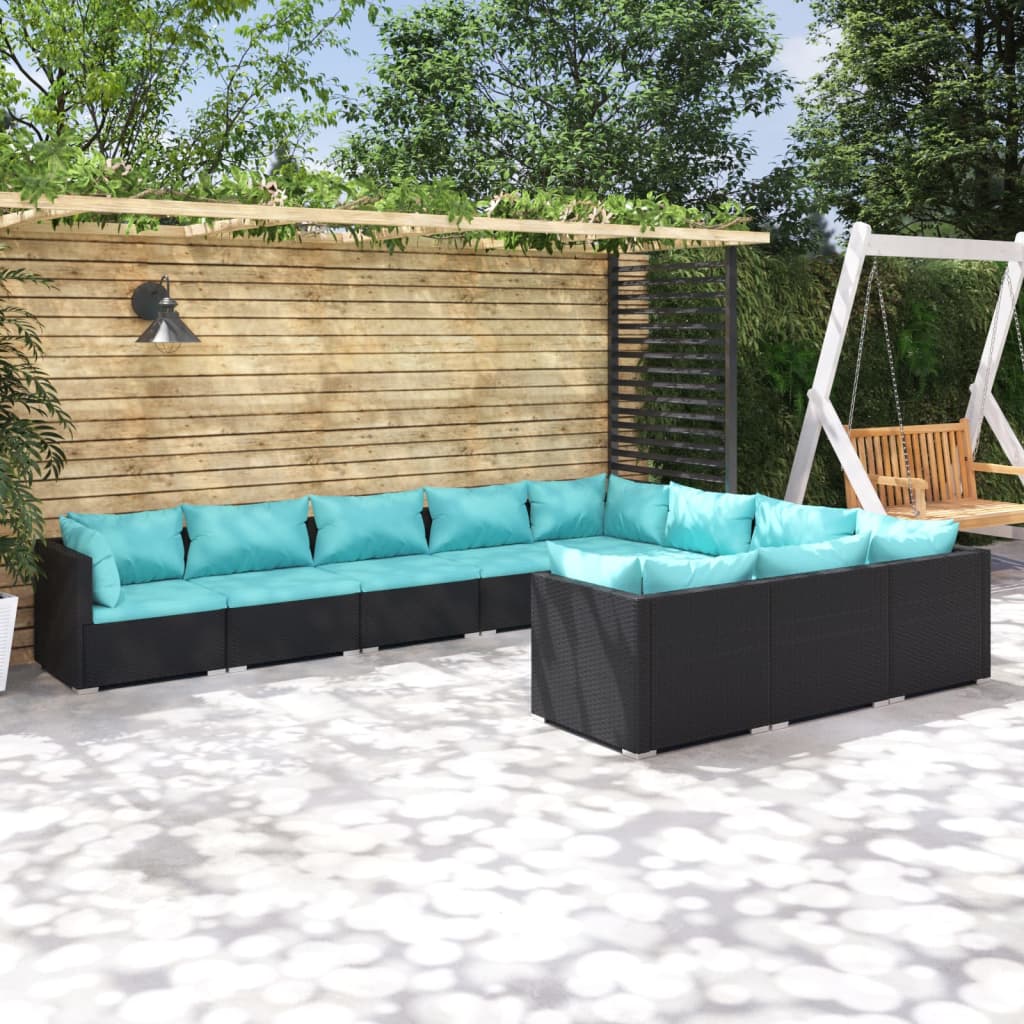 10 Piece Garden Lounge Set with Cushions Poly Rattan Black