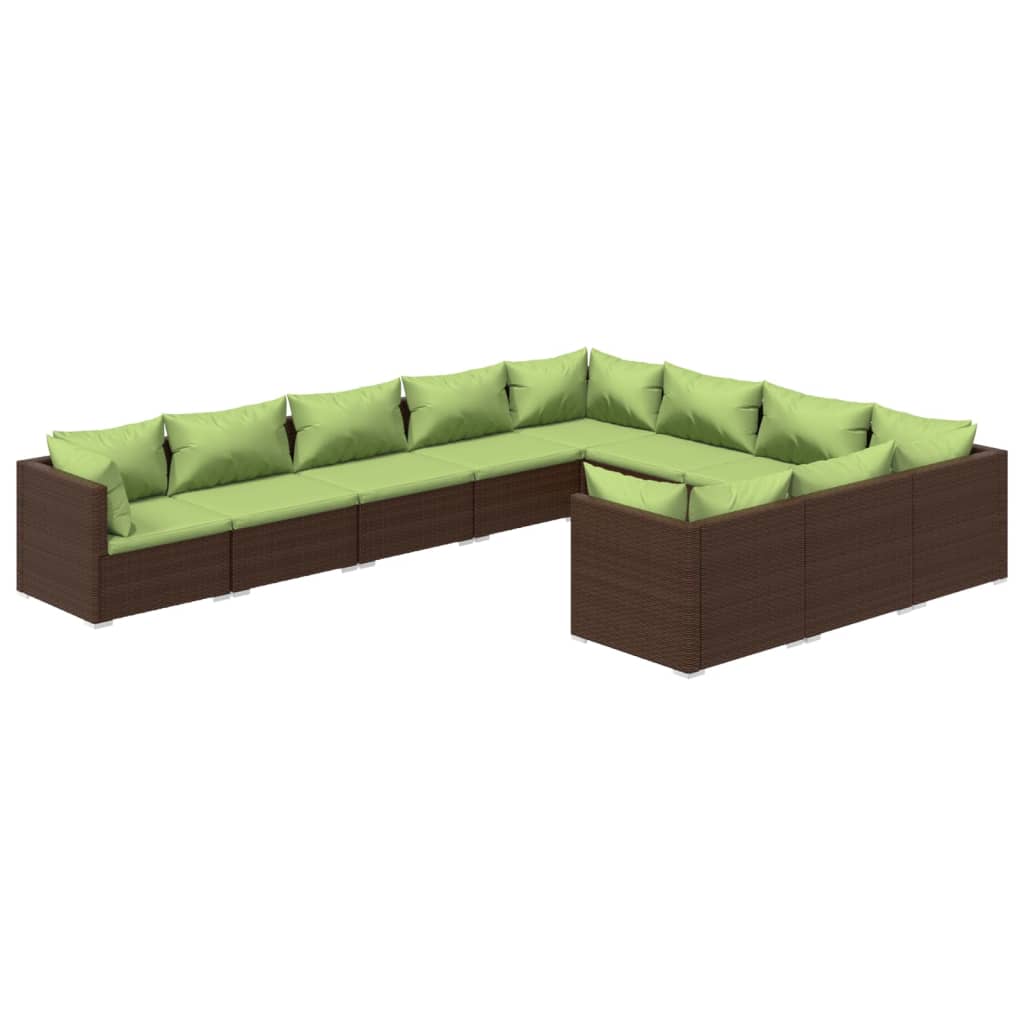 10 Piece Garden Lounge Set with Cushions Poly Rattan Brown