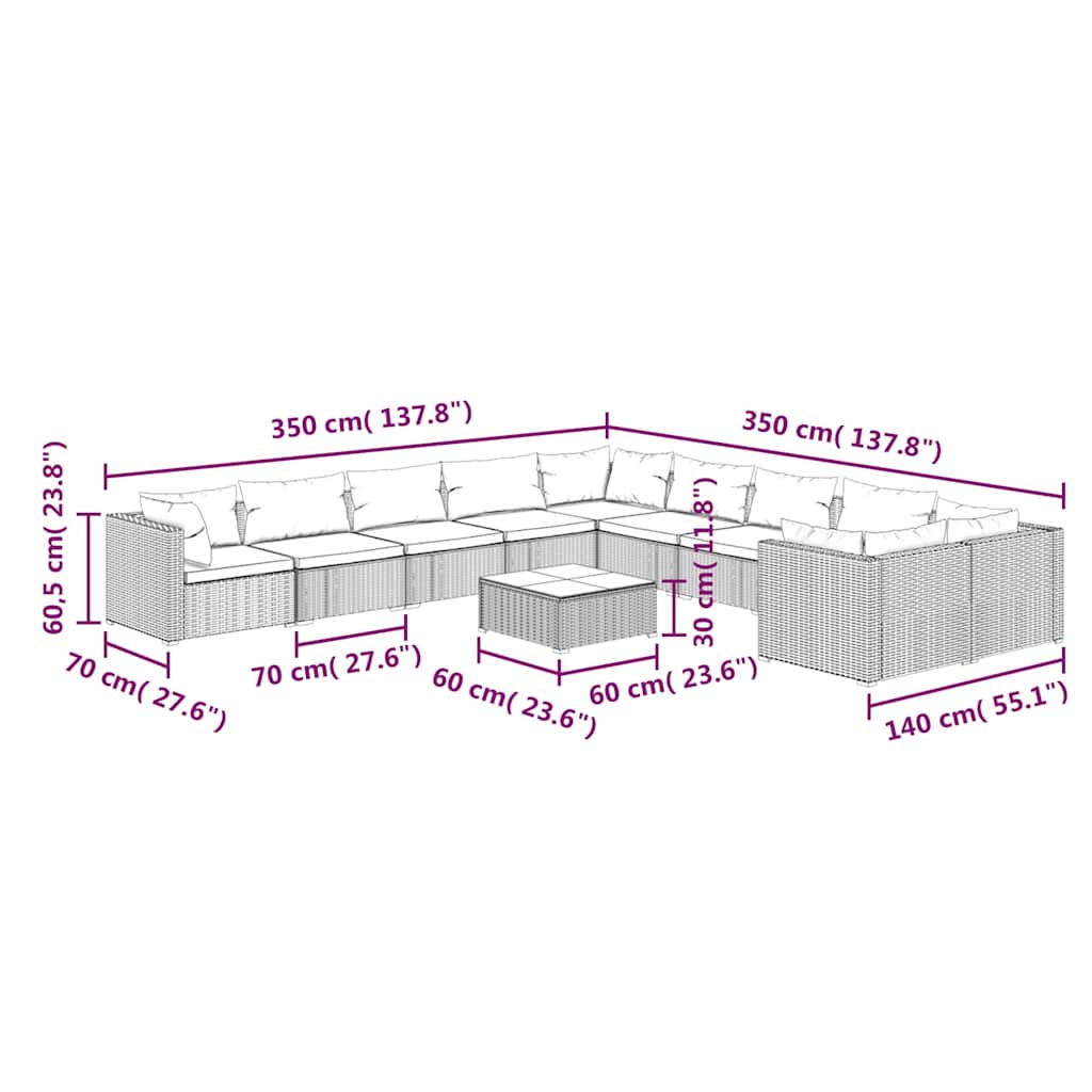 11 Piece Garden Lounge Set with Cushions Poly Rattan Black