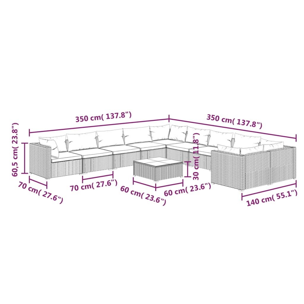 11 Piece Garden Lounge Set with Cushions Poly Rattan Brown