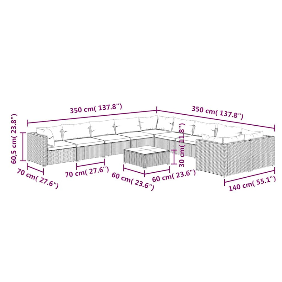 11 Piece Garden Lounge Set with Cushions Poly Rattan Grey