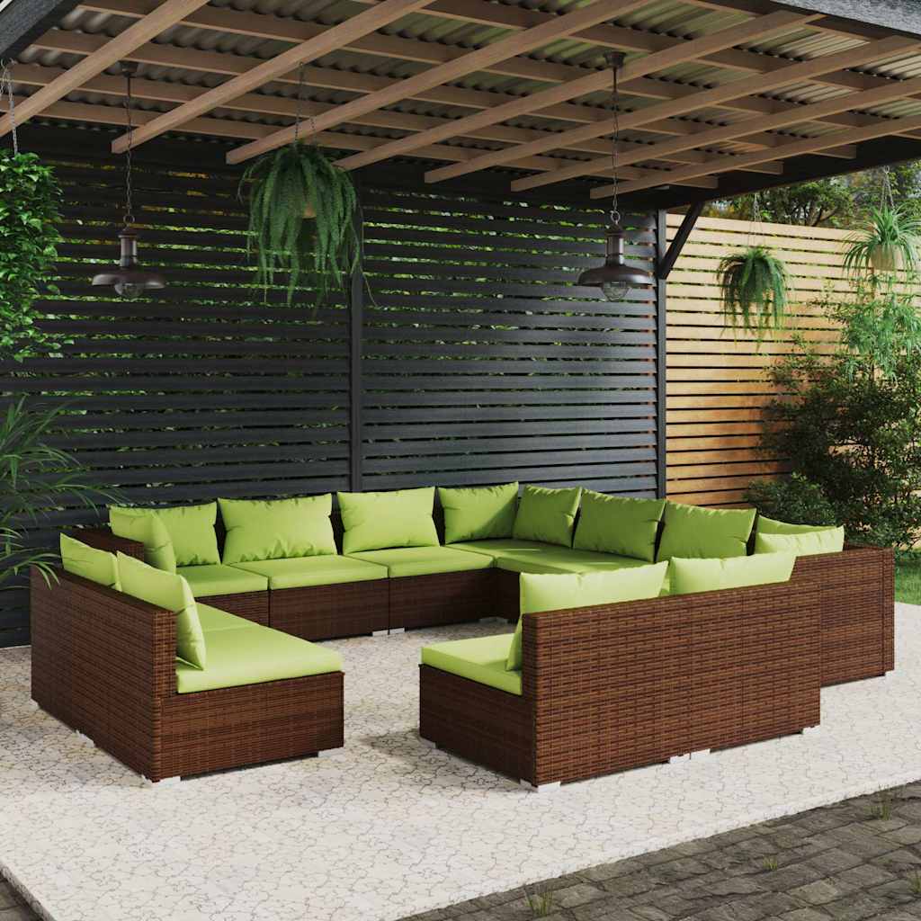 11 Piece Garden Lounge Set with Cushions Brown Poly Rattan