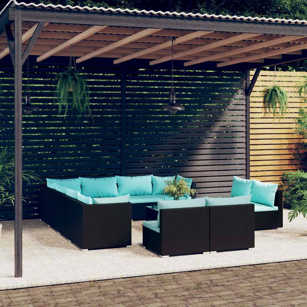 12 Piece Garden Lounge Set with Cushions Black Poly Rattan