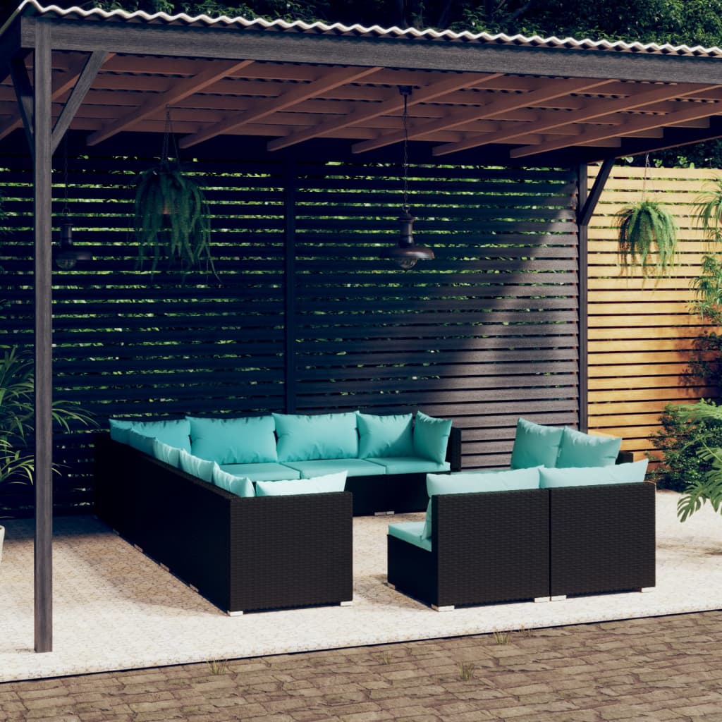 12 Piece Garden Lounge Set with Cushions Black Poly Rattan