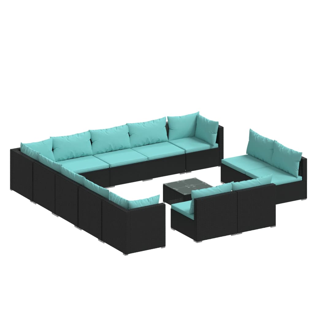 14 Piece Garden Lounge Set with Cushions Black Poly Rattan