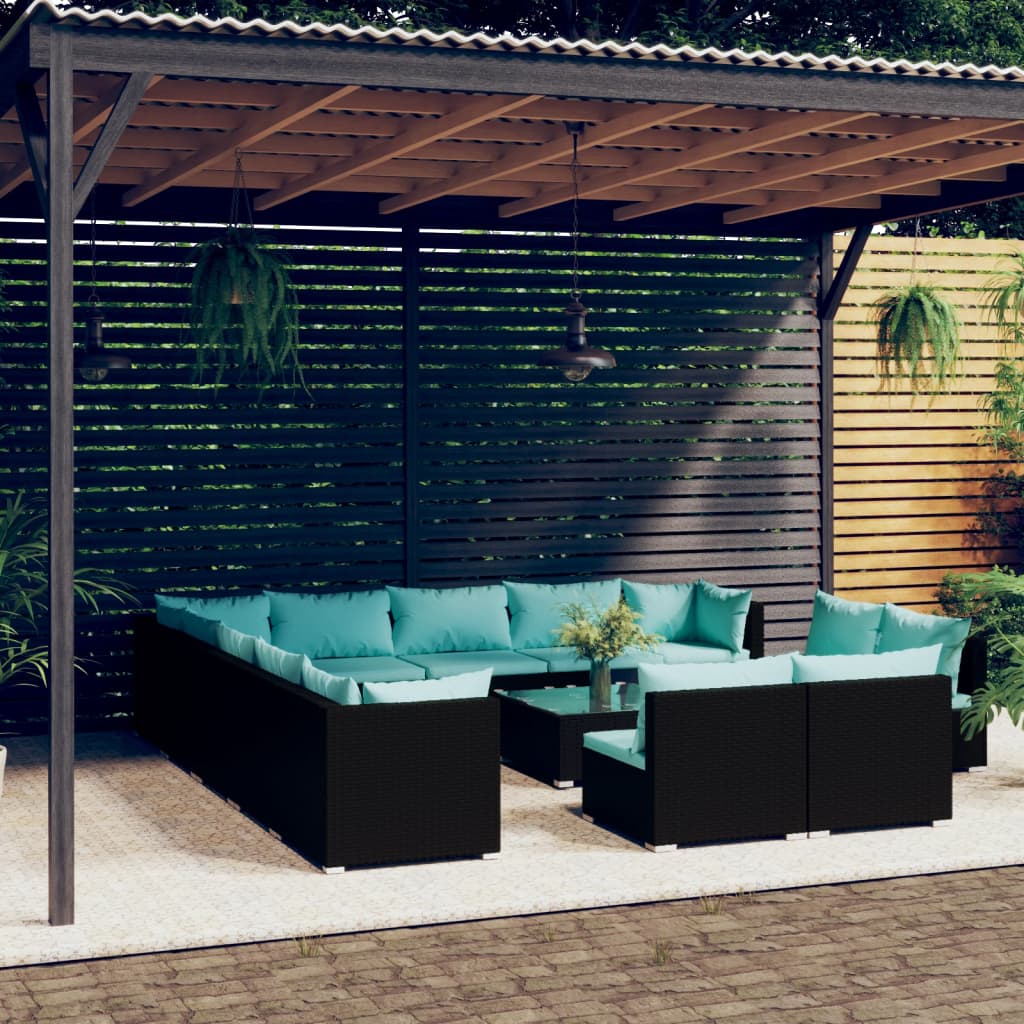 14 Piece Garden Lounge Set with Cushions Black Poly Rattan