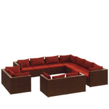 11 Piece Garden Lounge Set with Cushions Brown Poly Rattan - Front View